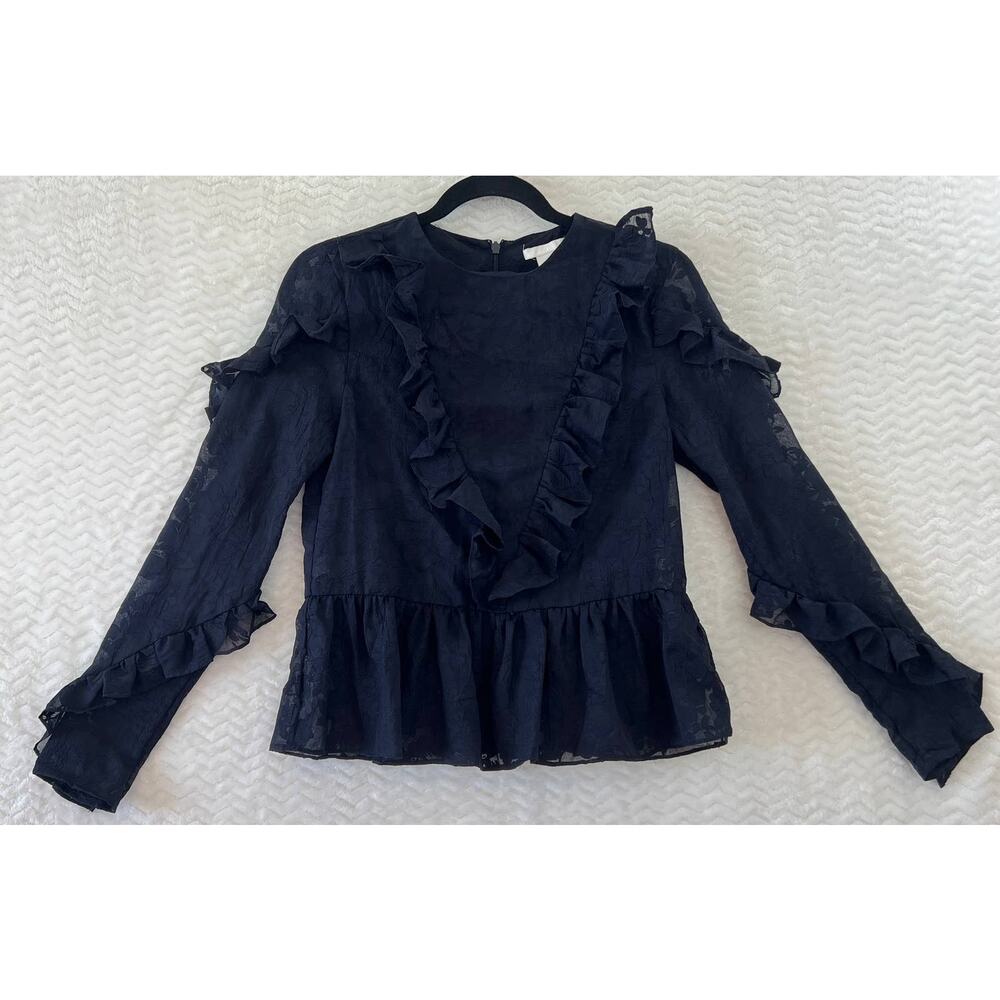 H&M Navy Blue Sheer Floral Ruffle Peplum Long Sleeve Shirt Top Womens Sz 4 - Picture 2 of 11